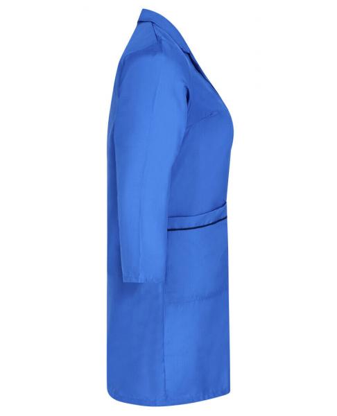 The image shows a blue, plain coat that is long and has a minimalist style. It has long sleeves and a straight fit with a belt at the waist.