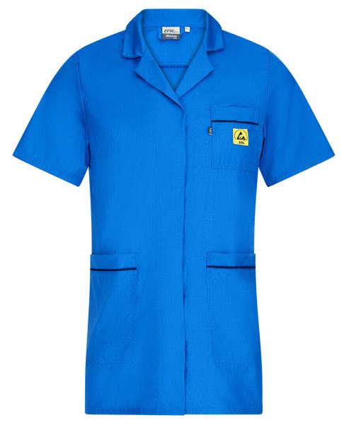 The image displays a blue coat with short sleeves. It features a collar, a chest pocket with a yellow logo, and two side pockets. The fabric appears light and functional.