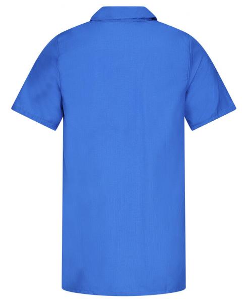The image displays a short-sleeved, light blue shirt with a classic collar. It has a simple, clean shape with no patterns. The back view is visible, and the sides are slightly rounded.