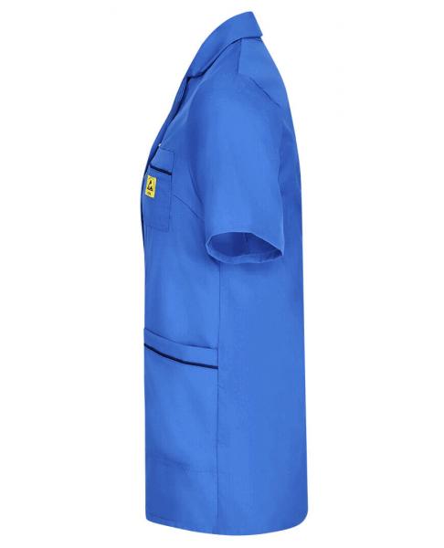 The image shows a short-sleeved, solid blue top with a simple cut. It has a sewn-on pocket and a clean, professional appearance.