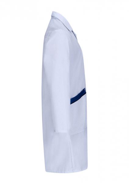 The image shows a white coat with a simple, classic cut. It has long sleeves and a blue stripe on the right pocket. The coat features a collar and is depicted from the side.