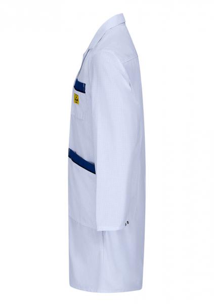 The image shows a white lab coat. It has long sleeves and a straight shape. On the front, there are pockets, one horizontal in dark blue and one in yellow.