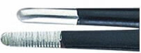 The image shows two different ends of a tool. The upper end is smooth and round, while the lower end is textured and grippy. Both parts are black and metallic.