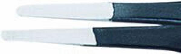 The image shows the tips of two overlapping black tweezers. The upper ends are flat and silvery, while the lower ones are made of black material.