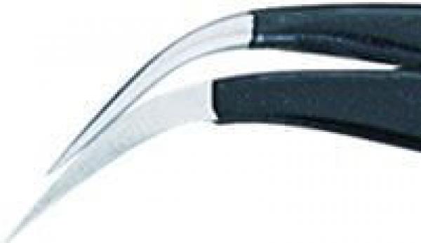 The image shows a pair of pliers with two curved, sharp blades. The handle is black, the blades are silver and shiny. The shape is thin and precise, ideal for delicate work.