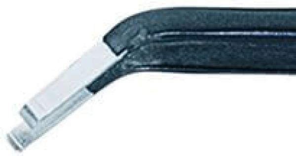The image shows a black pair of pliers with a narrow, flat metal tip. The pliers have a simple, ergonomic handle and are suitable for precise tasks.