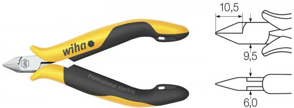 The image shows a pair of pliers with yellow handles and black rubber inserts. On the right are technical drawings of the plier heads with dimensions in centimeters.