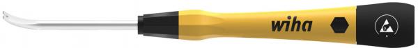 The image shows a yellow screwdriver with a slightly curved, narrow tip. The handle has a non-slip coating and bears the logo "wiha".