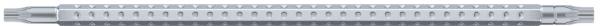 The image shows a silver, cylindrical object with groove-shaped indentations along its length. It appears smooth and shiny, like a part of a device.
