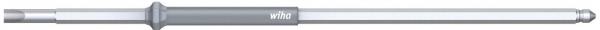 The image shows a long, slender, silver screwdriver with a gray handle in the middle. The tip is pointed and can be turned in various directions.