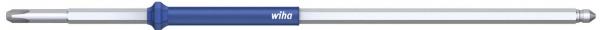 The image shows a blue screwdriver with a long, narrow blade and a round handle. The handle has a slightly raised shape for better grip.