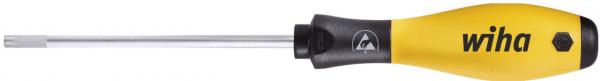 The image shows a screwdriver with a long, narrow metal end and a yellow, ergonomic handle. On the handle is "wiha" in black lettering.