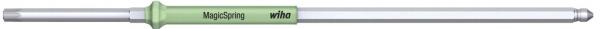 The image shows a long, slender screwdriver with a green handle and a silver metal tip. The handle is marked with "MagicSpring" and the brand "wiha".