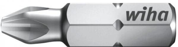 The image shows a silver screwdriver bit with a pointed shape. It bears the inscription "wiha" and has a straight and a diagonal notch for different screws.