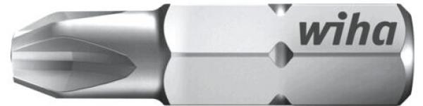 The image shows a silver screwdriver bit with a distinctive shape. On the side, the word "wiha" is printed. The bit has a pointed end and six blade-like indentations.