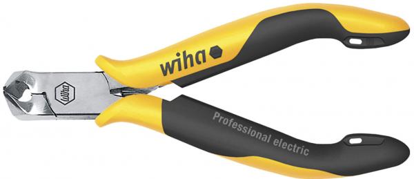 The image shows a yellow-black pliers with insulated handles. The pliers have a shiny metal tip for cutting and bear the inscription "wiha Professional electric".