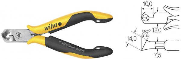 The image shows a combination pliers with ergonomic black-yellow handles and a precise cutting edge. To the right, there is a technical drawing with the dimensions of the pliers.