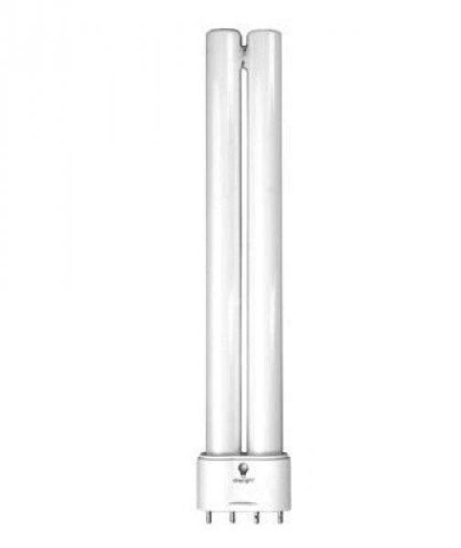 The image displays a compact, round, white fluorescent lamp with two long tubes arranged vertically next to each other. Below is a cylindrical socket with multiple contacts.