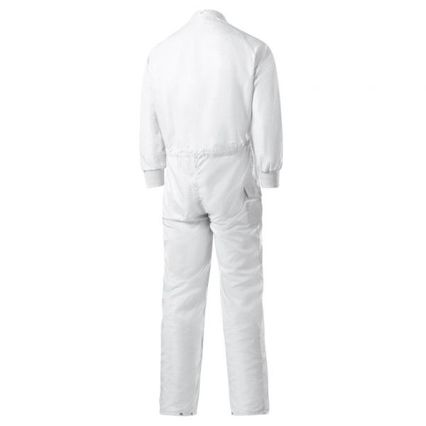 The image shows a white overall made from durable material. It has long sleeves and legs, an elastic waistband, and is closed at the back, with no visible pockets or special details.