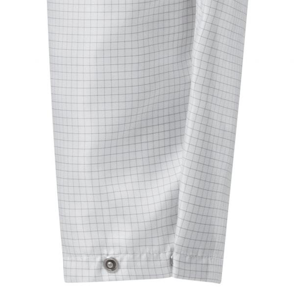 The image shows the lower part of a white fabric with a fine checkered pattern of lines. At one end, there is a button and a small loop.