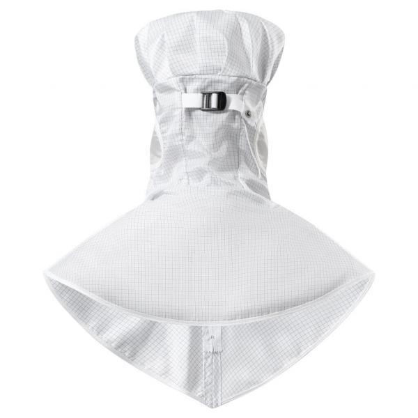The image shows a chic, white jacket with a slim upper part and a widely flaring lower part that resembles a skirt. It features a chin closure.