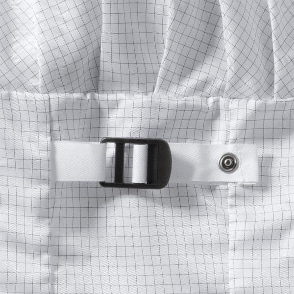 The image displays a white, checkered-patterned surface with a black buckle and a white strap. The structure is lightly padded and features a square pattern.