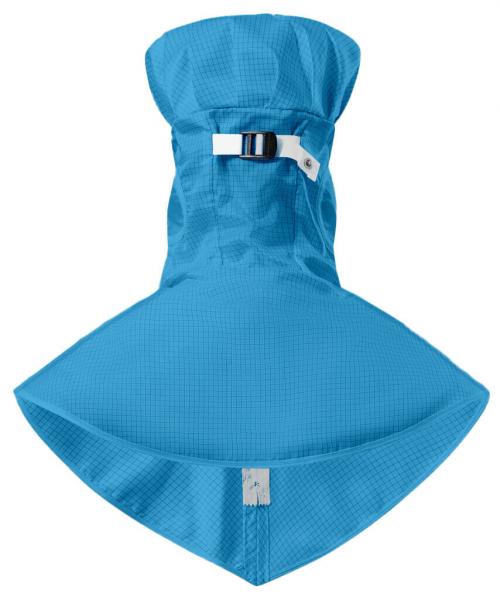 Das Bild zeigt eine leuchtend blaue Regenjacke. Sie hat eine schützende Kapuze und einen breiten, ausgestellten Saum. Ein weißer Verschluss befindet sich auf der Vorderseite.