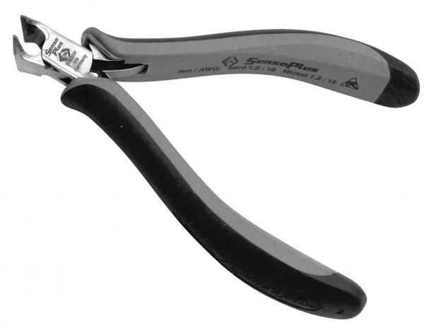The image shows a nail or cuticle clipper with an ergonomic handle. The clipper has a shiny metal head with sharp blades and is equipped with non-slip material on the handles.