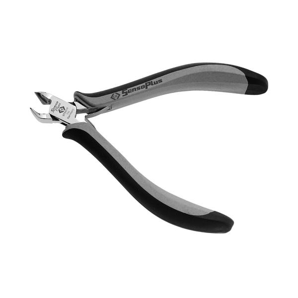 It is a pair of pliers with short, sharp blades for cutting. The handles are ergonomically designed, featuring a combination of black and gray rubber for better grip.
