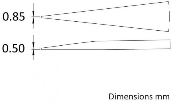 The image shows two trapezoidal objects. The upper one has a width of 0.85 mm on the wide side, the lower one 0.50 mm. Below is the label "Dimensions mm".
