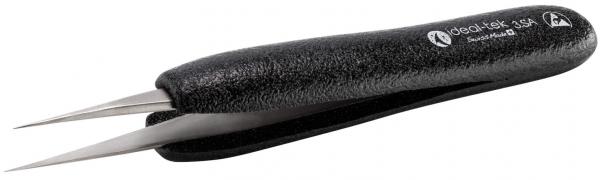 The image shows a pair of tweezers with a black, non-slip grip and two pointed, narrow metal tines. The tines are slightly curved and ideal for precise tasks.