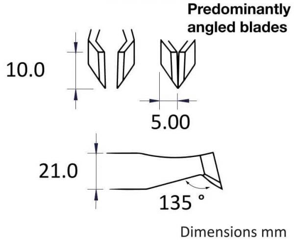 The image displays technical drawings of predominantly angled blades with dimensions: 10 mm height, 5 mm width, and 21 mm length, as well as an angle of 135 degrees.