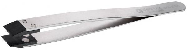 The image shows a narrow, metallic pair of pliers with a sturdy handle. The tips are slightly curved and feature a dark, non-slip coating. Ideal for precise tasks.