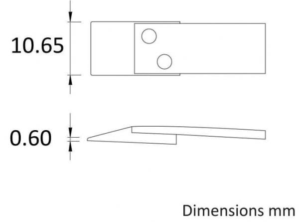 The image displays a technical drawing of an object with two measurements: 10.65 mm in height and 0.60 mm in width. The object features two round holes at the top and a pointed shape at the bottom.