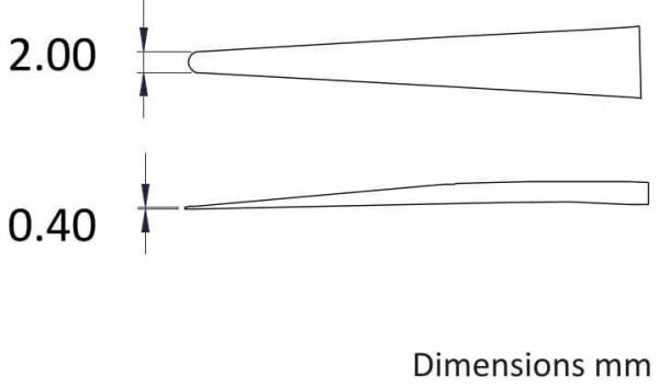 The image shows two elongated, pointed shapes. The upper one has a width of 2.00 mm and the lower one has a width of 0.40 mm. Next to the shapes are measurements in millimeters.