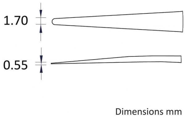 Das Bild zeigt zwei längliche, spitz zulaufende Formen. Die obere hat eine Breite von 1,70 mm und die untere von 0,55 mm. Darunter steht "Dimensions mm".