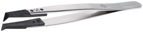 The image shows a narrow, curved stainless steel tweezer. The tips are slightly beveled and the handle has a rough rubber coating for better grip.