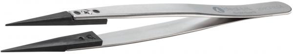 The image shows a sharp, two-pronged pair of pliers made of shiny metal. The tips are narrow and pointed, the handle is slightly curved and has a matte, black surface.