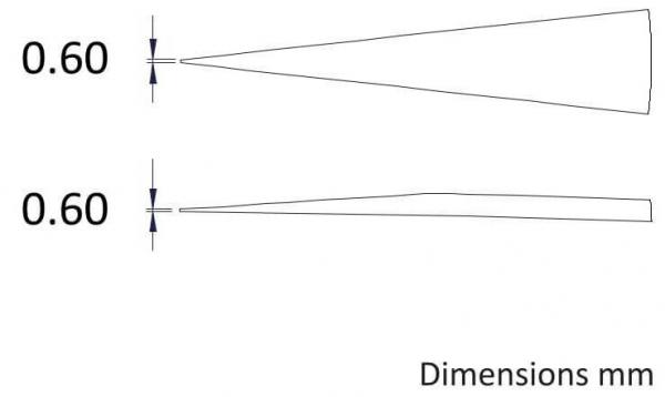 The image shows two drawn objects, both labeled "0.60 mm". The upper object has a conical shape, the lower one a straight, narrow shape. On the right it says "Dimensions mm".