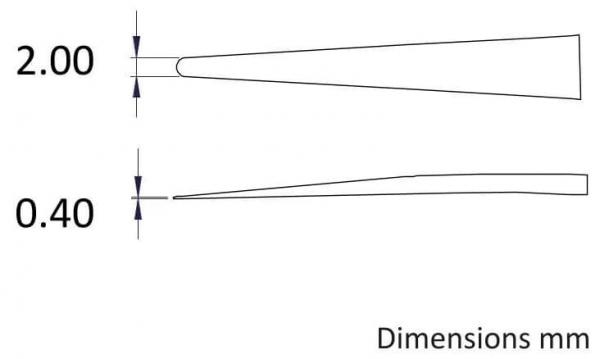 The image shows two narrow, elongated shapes. The top one has a width of 2 mm, the bottom one of 0.4 mm. Both shapes taper to a pointed end. The dimensions are listed below the image.