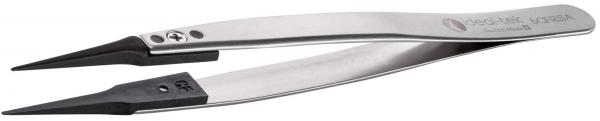 The image shows a fine stainless steel tweezer. It has sharp, narrow tips and a matte finish. The handles are slightly curved and provide a good grip.