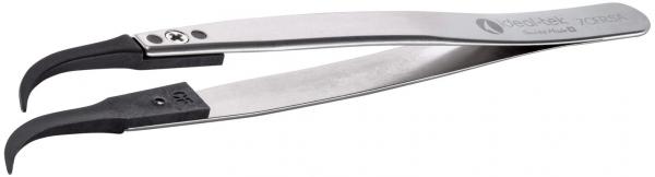 The image shows a stainless steel tweezer. It has a flat, narrow shape with curved tips and non-slip black handles. Ideal for gripping fine objects.