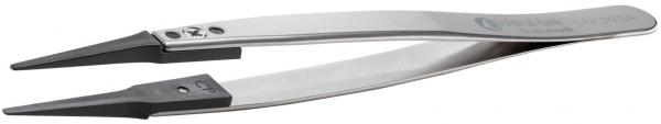 The image shows a pair of tweezers made from shiny stainless steel. They have long, narrow, pointed tips and a matte coating on the grip area for improved hold.