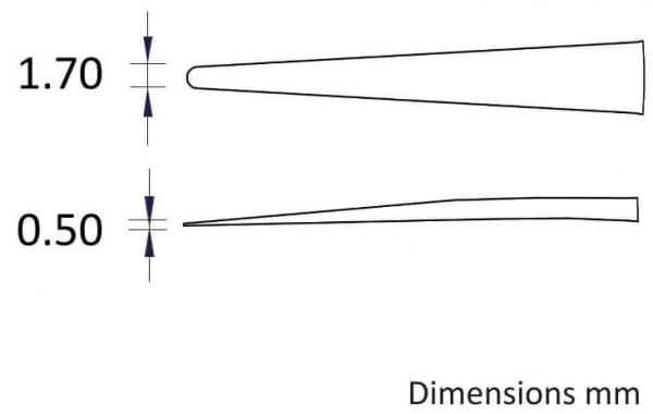 The image shows two objects: at the top, a pointed, thick object with a width of 1.70 mm, and below it, a thinner one measuring 0.50 mm. The label "Dimensions mm" is located at the bottom edge.