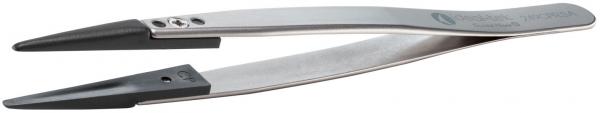 The image shows a stainless steel tweezer with a pointed tip. The upper half is shiny, while the tips have black rubber inserts that provide a good grip.