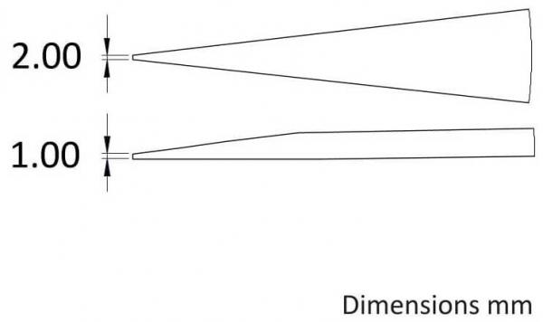 The image shows two conical shapes. The upper one has a diameter of 2.00 mm, the lower one has a diameter of 1.00 mm. Both are marked with dimension lines on the left side. On the right it says "Dimensions mm".