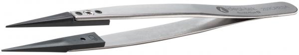 The image shows a stainless steel tweezer with narrow, pointed tips. It has a silver shine and a smooth surface. The tweezer is slightly curved and has a ridged area on one side for better grip.
