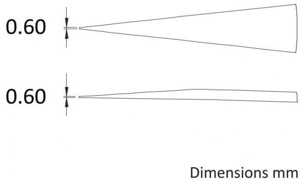 The image displays two linear shapes with the measurement of 0.60 mm. The upper shape is pointed, and the lower one is narrow and flat; both are depicted in a sketchy manner.