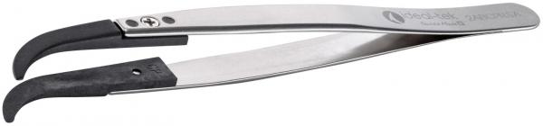 It is a metal pliers with curved, black rubber ends. It has a sleek shape and ensures a good grip. Ideal for gripping and holding small objects.