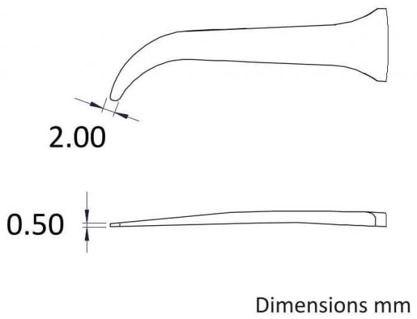 The image displays technical drawings of an object with two views. The top shows a side view with a curved shape and dimensions of 2.00 mm, and the bottom shows a top view with 0.50 mm.